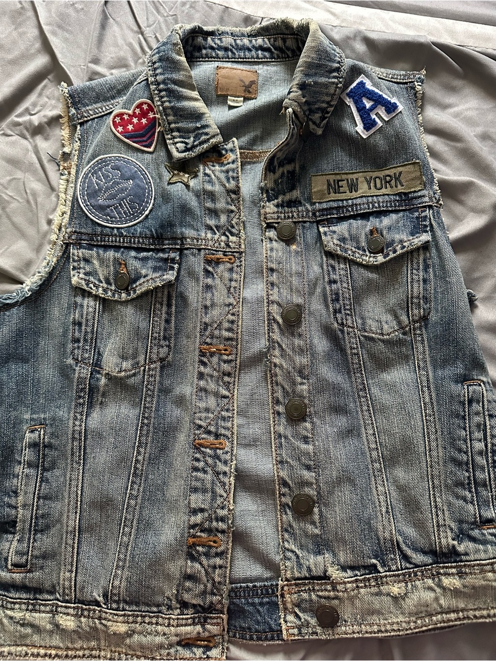 American Eagle Outfitters Light Blue Denim Patch Vest